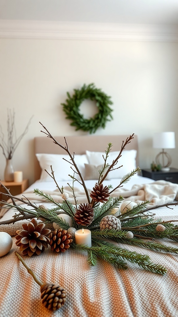 A winter-themed bedroom decor featuring pinecones, greenery, and a wreath.