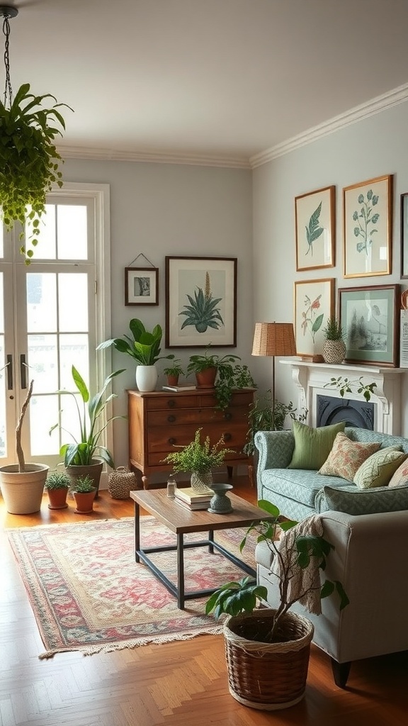 A vintage cottage living room with plants, natural light, and botanical artwork.