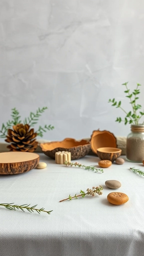 A nature-inspired tablescape featuring pinecones, stones, and greenery on a light tablecloth.