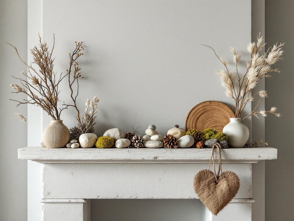 A nature-inspired mantel decoration featuring stones, pinecones, dried branches, and a heart-shaped decoration.