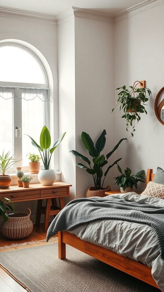 A cozy bedroom featuring plants, wooden furniture, and natural light.