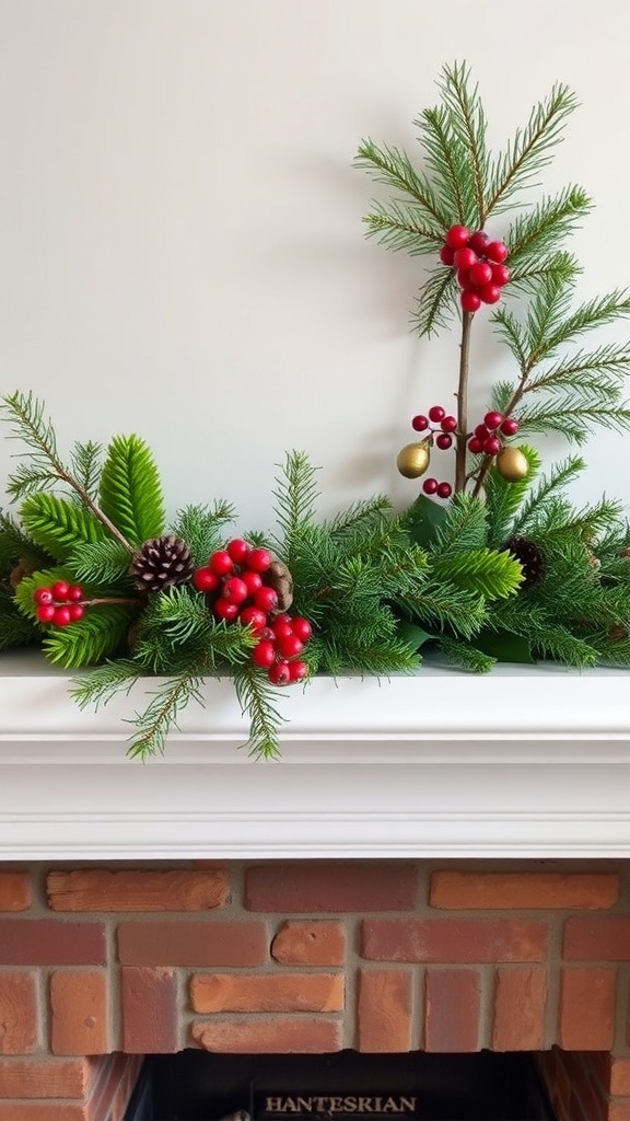 A festive mantle decorated with pine branches, red berries, and pinecones.