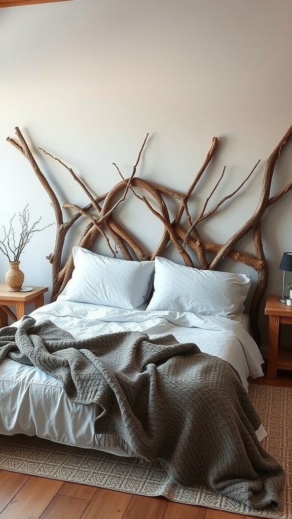 A rustic bed with a headboard made of branches, featuring white bedding and a cozy blanket.