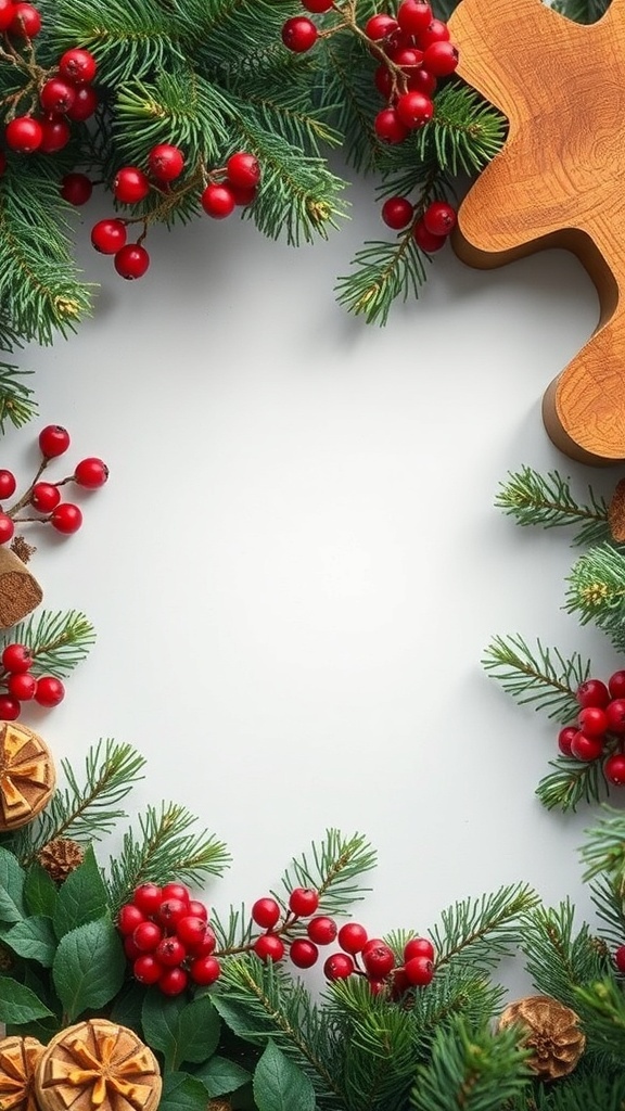 A festive arrangement of pine branches, red berries, and wooden accents.
