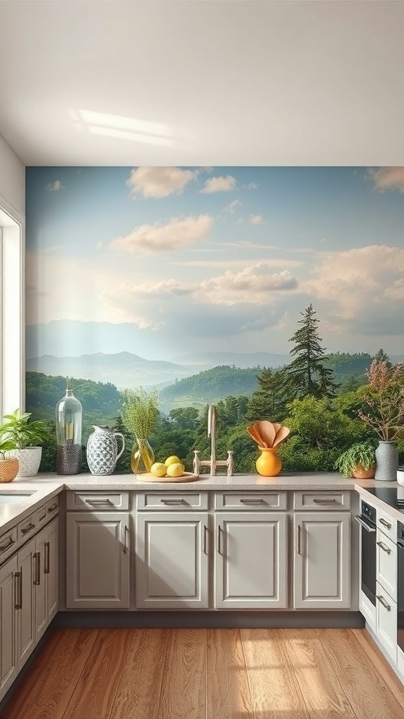A kitchen with nature-inspired mural wallpaper depicting mountains and trees.