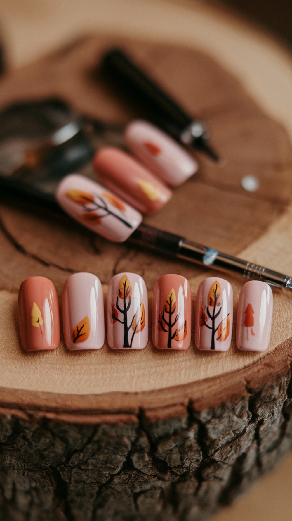 Nail art featuring autumn leaves and trees on a wooden surface.