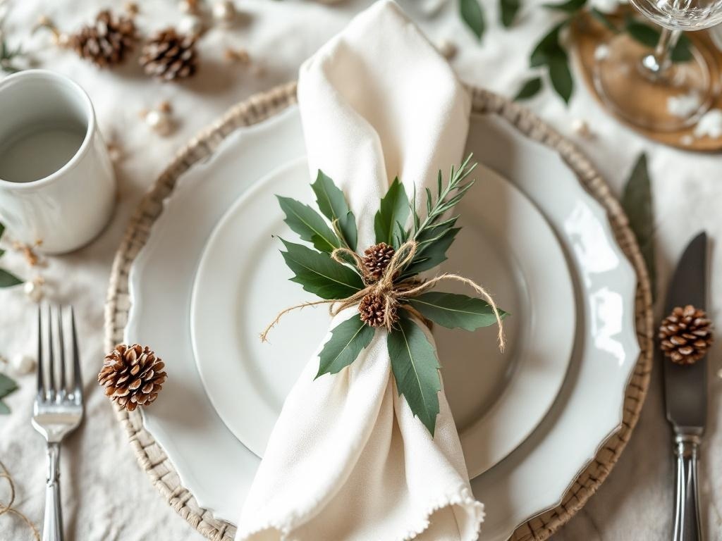 A white napkin wrapped with greenery and a pinecone, placed on a rustic charger plate.