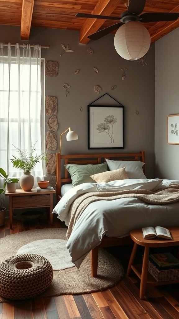 A cozy teen girl's bedroom with nature-inspired decor, featuring wooden beams, plants, and soft bedding.