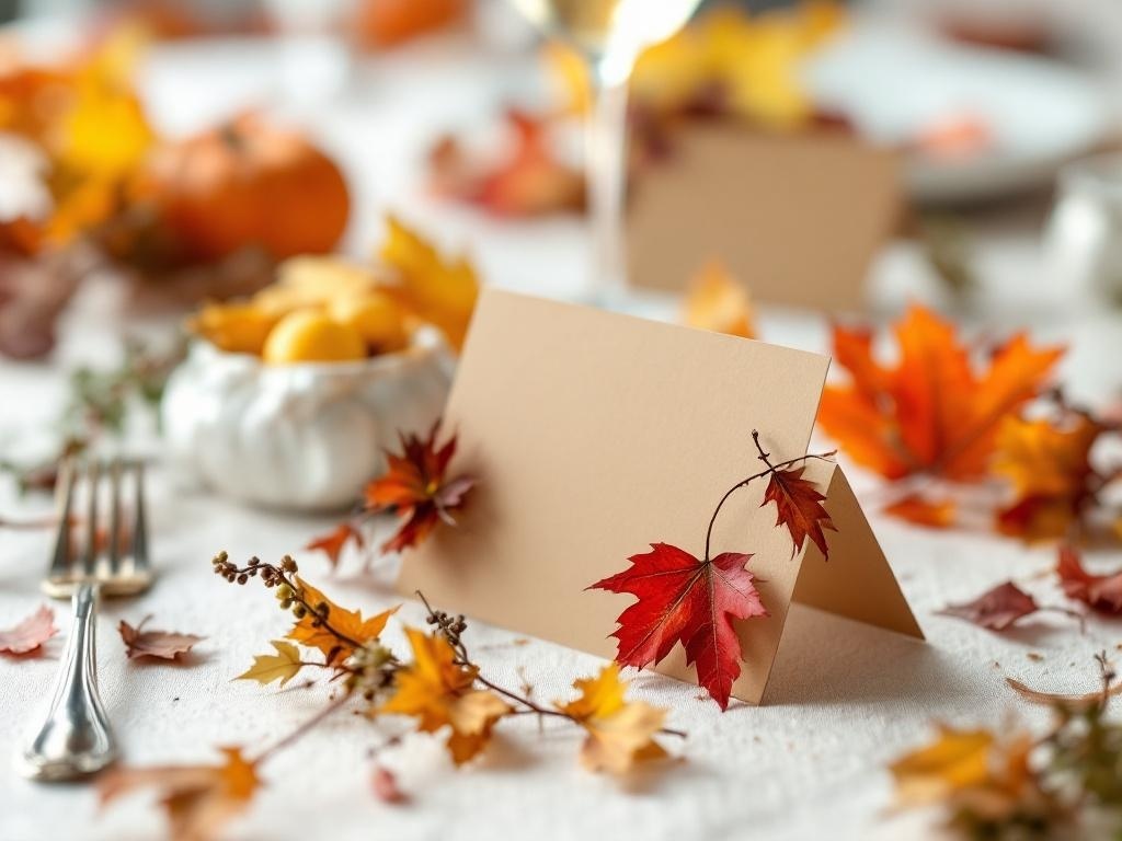 Nature-inspired place cards with autumn leaves on a Thanksgiving table