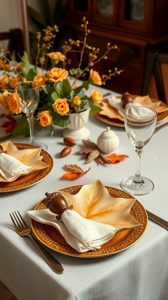 A beautifully arranged fall table setting featuring leaf-shaped plates, yellow roses, and autumn leaves.