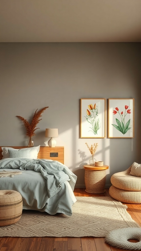 A cozy bedroom with light blue bedding, wooden furniture, and floral wall art, creating a nature-inspired sanctuary.
