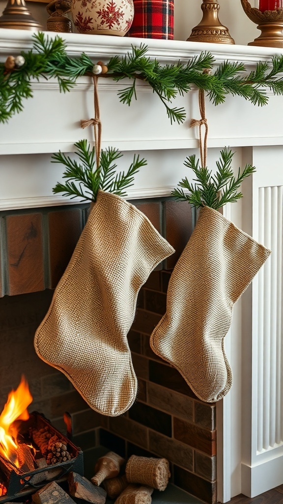 Two burlap stockings hanging from a mantel, decorated with greenery and a warm fireplace in the background.