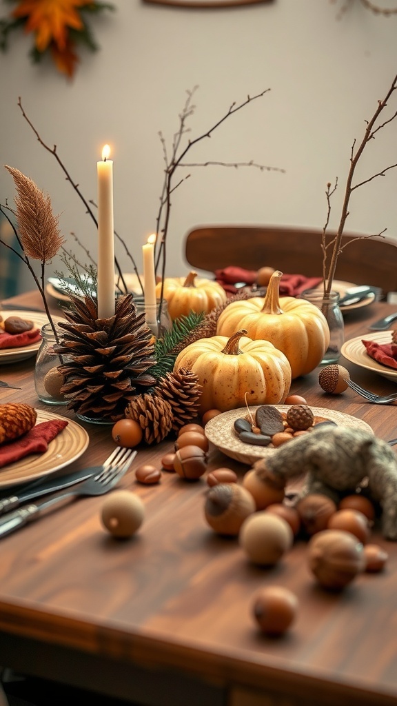 A beautifully decorated Thanksgiving table featuring pumpkins, pinecones, candles, and natural elements.