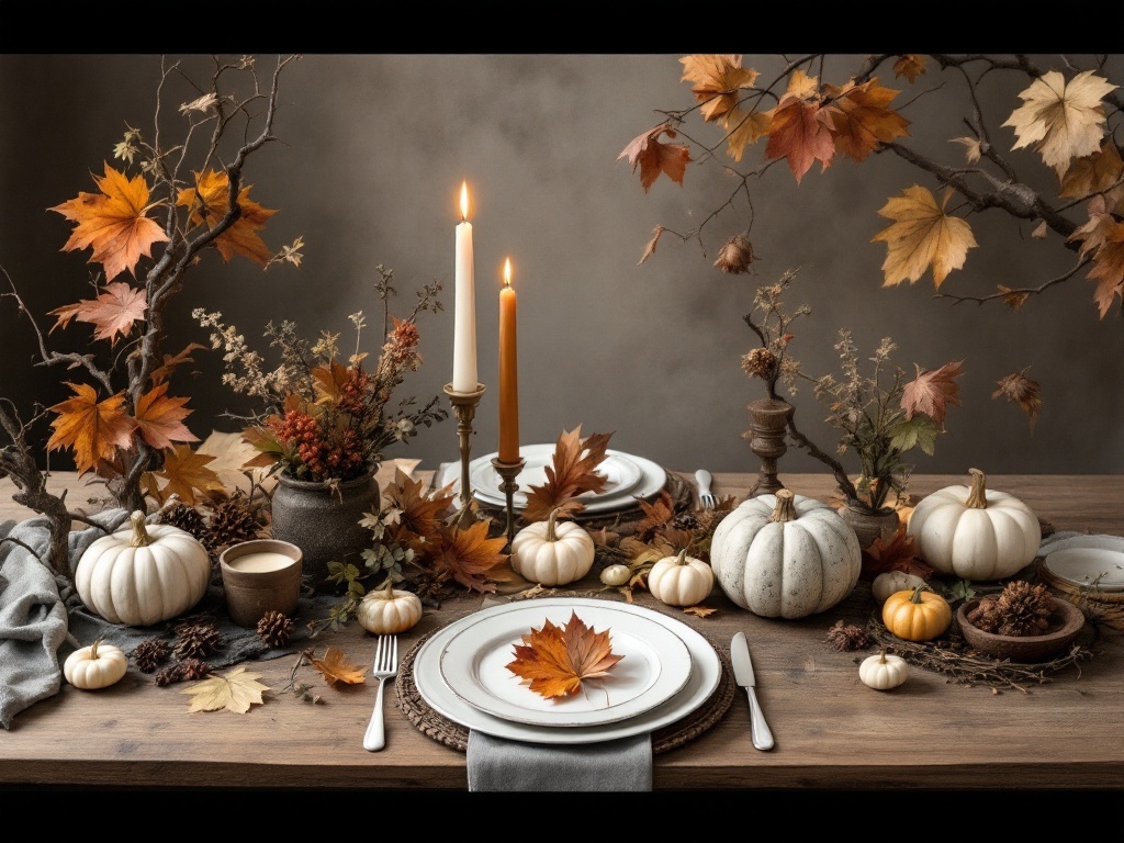 Thanksgiving table decor featuring twigs, autumn leaves, pumpkins, and candles.