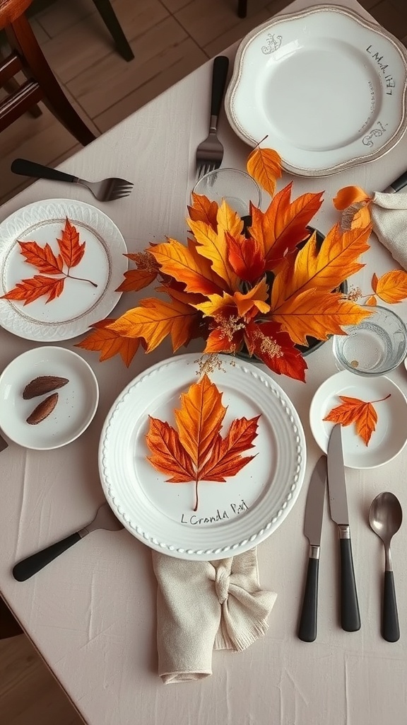 A fall-themed table setting featuring white plates with colorful leaves, a centerpiece of autumn leaves, and neutral napkins.