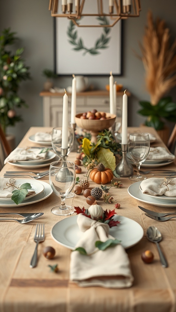A beautifully arranged fall table setting with candles, pumpkins, and natural elements.