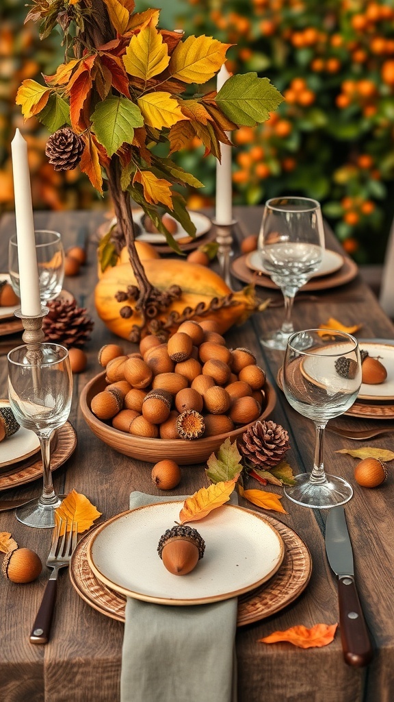 A rustic table setting featuring acorns, pinecones, and colorful autumn leaves.