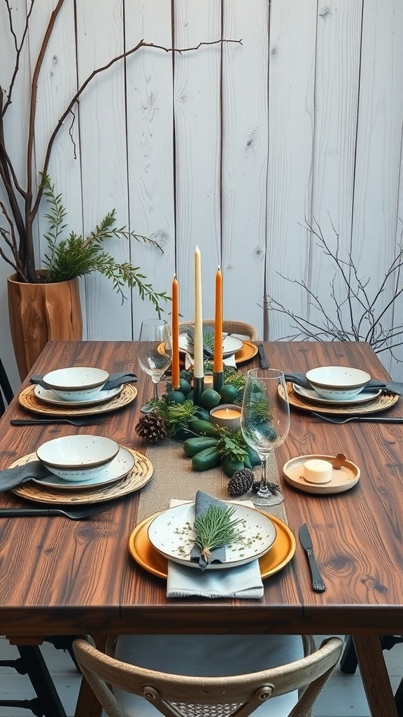 A beautifully set table with natural elements, including greenery, candles, and rustic dinnerware.