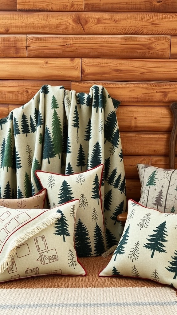 Cozy cabin decor featuring nature-inspired textiles with tree patterns on pillows and blankets.