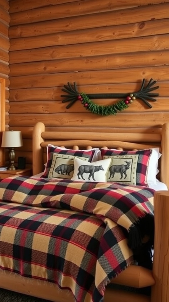 Cozy log cabin bedroom with plaid bedding and animal motif pillows.