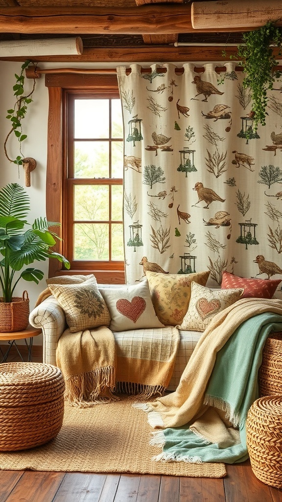 A cozy living room with nature-inspired textiles, featuring patterned curtains and various cushions.