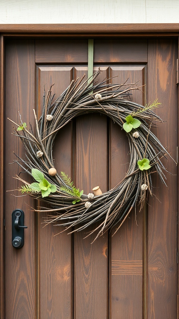 A rustic twig wreath with green leaves and pine cones hanging on a wooden door.