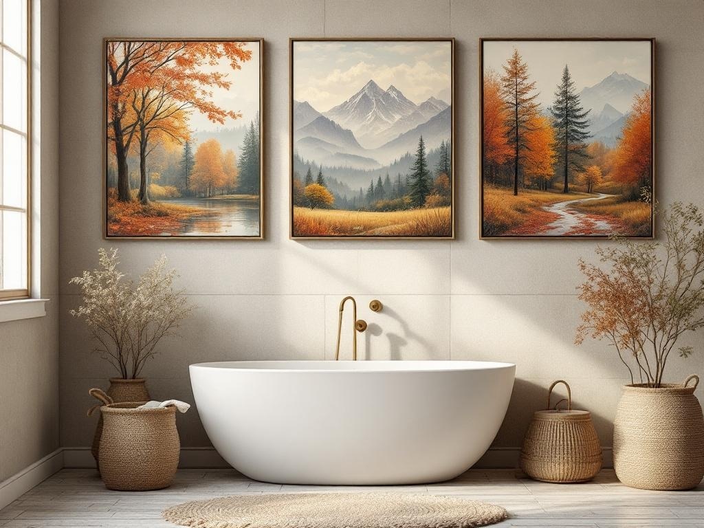 Three nature-inspired paintings featuring autumn landscapes in a bathroom setting.
