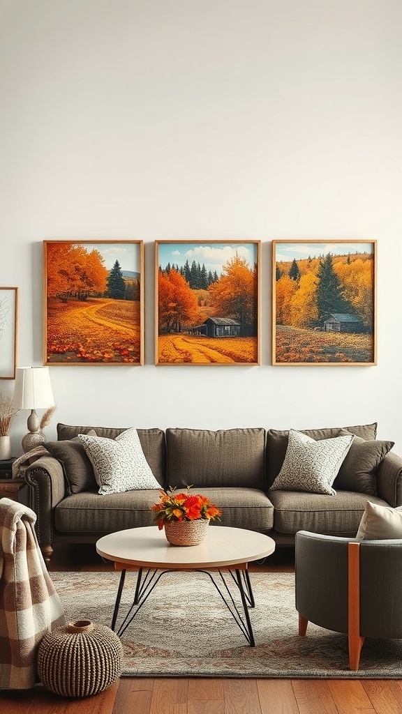 Three nature-inspired paintings of autumn landscapes above a cozy sofa in a living room.