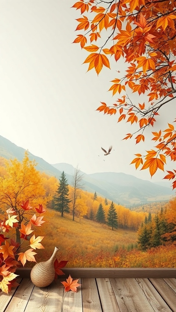 A serene fall landscape with vibrant orange leaves, rolling hills, and a rustic wooden floor.