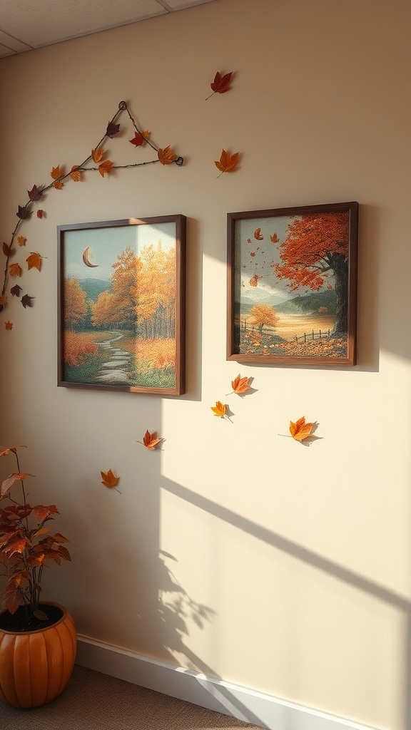 Nature-inspired wall art featuring two autumn-themed paintings and decorative leaves