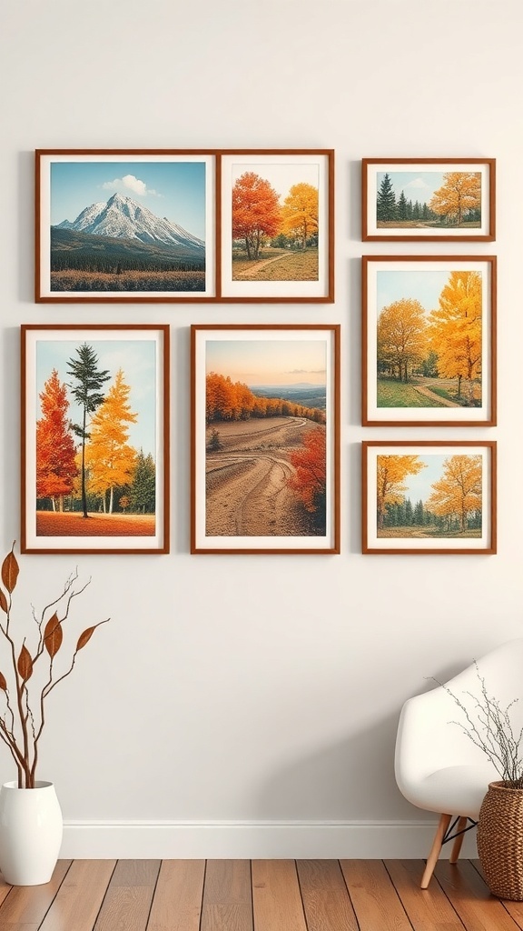 A collection of nature-inspired wall art featuring autumn landscapes in various frames.