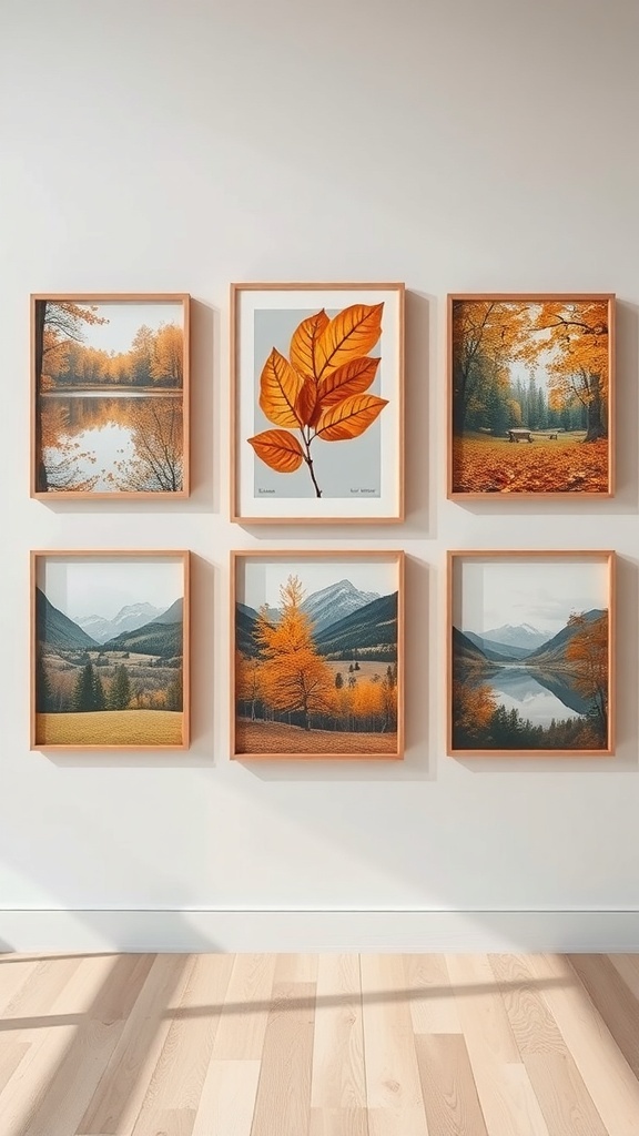 A collection of nature-inspired wall art featuring autumn landscapes and a vibrant leaf, all framed in wooden frames.
