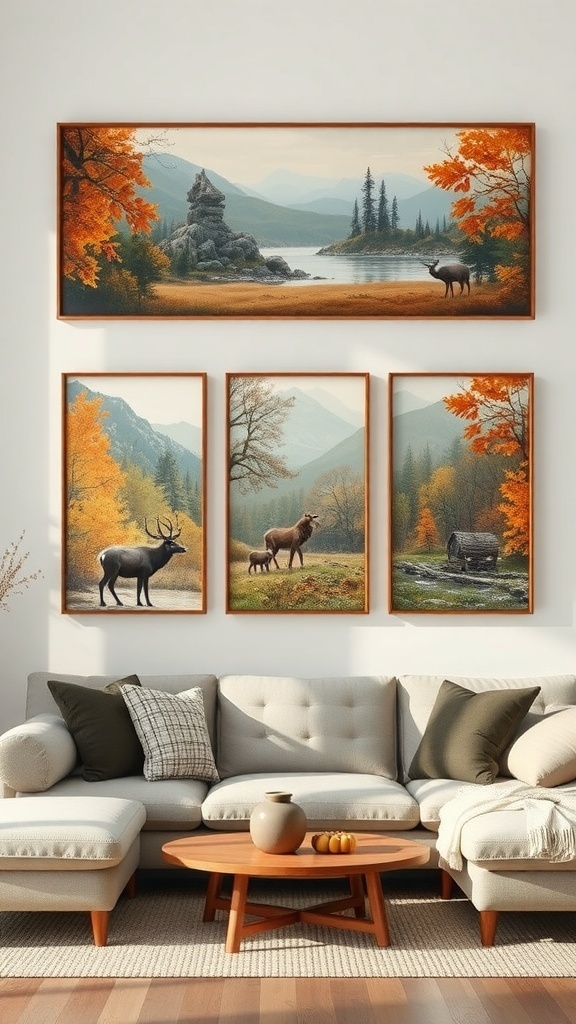 Nature-inspired wall art featuring autumn landscapes and wildlife.