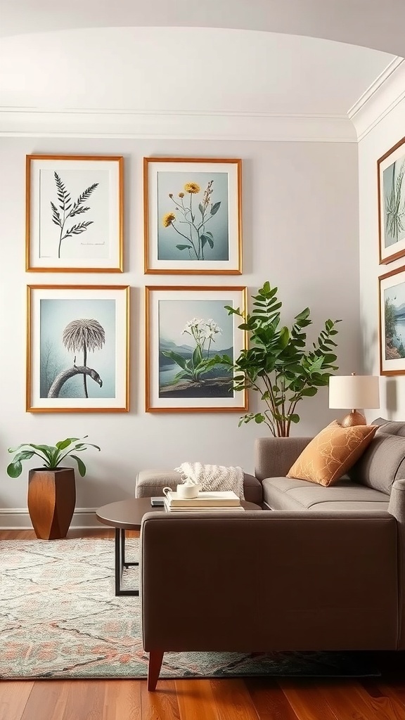 Living room with nature-inspired wall art featuring botanical prints in wooden frames.