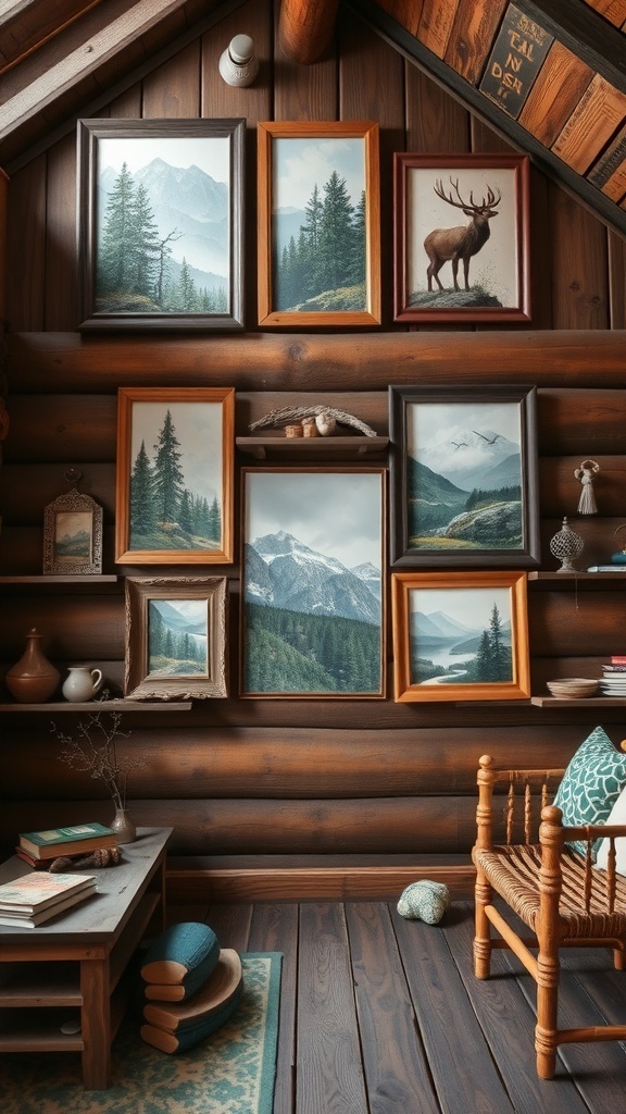 A collection of nature-inspired paintings featuring mountains, forests, and wildlife, arranged on a wooden wall.