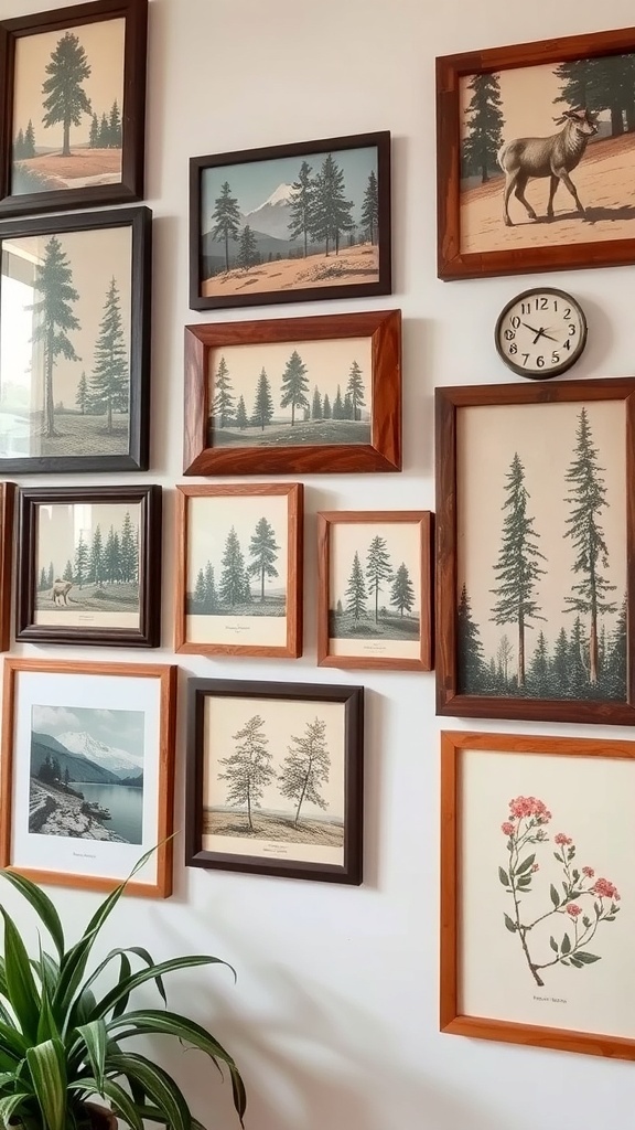 A collection of vintage nature-themed wall art featuring trees, mountains, and wildlife in various frames.