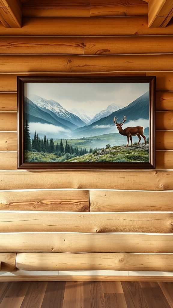 A nature-inspired painting featuring a deer in a mountainous landscape, framed on a wooden wall.