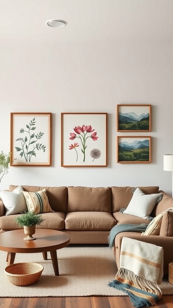 Rustic living room with nature-inspired wall art featuring floral and landscape prints.