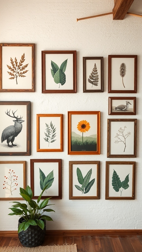 A collection of nature-inspired framed art featuring leaves, flowers, and wildlife on a wall.