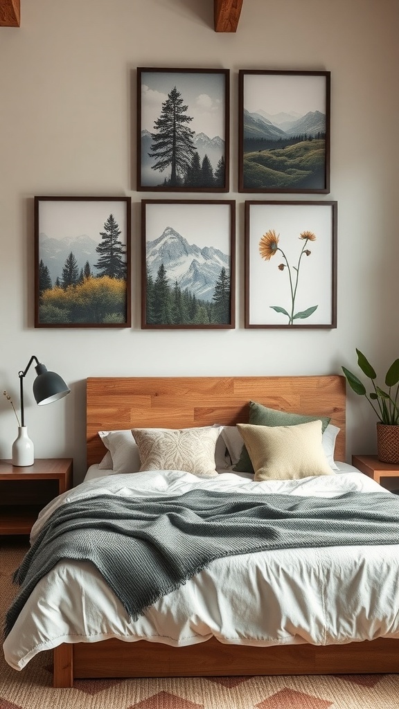 A modern rustic bedroom featuring nature-inspired wall art with framed prints of mountains and flowers.