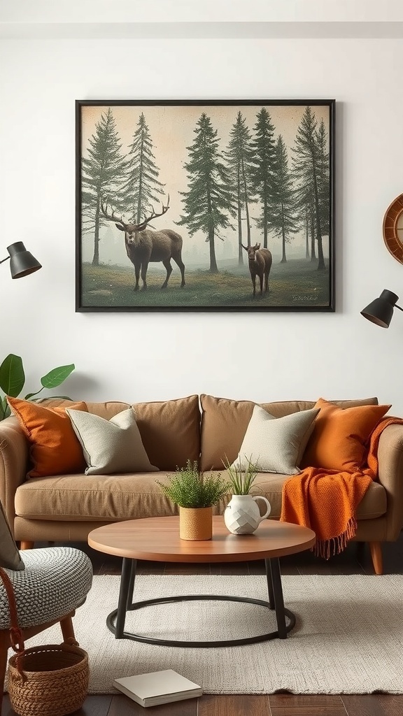 A cozy living room with nature-inspired wall art featuring deer and trees.