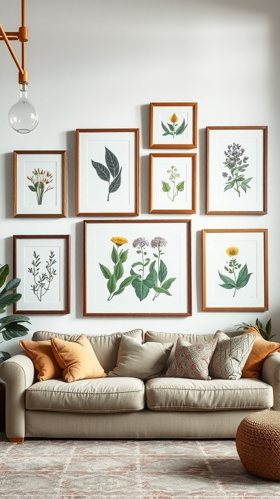 A collection of framed botanical prints on a wall above a cozy sofa.
