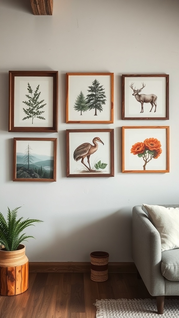 A collection of nature-inspired wall art featuring trees, a deer, a bird, and flowers in wooden frames.