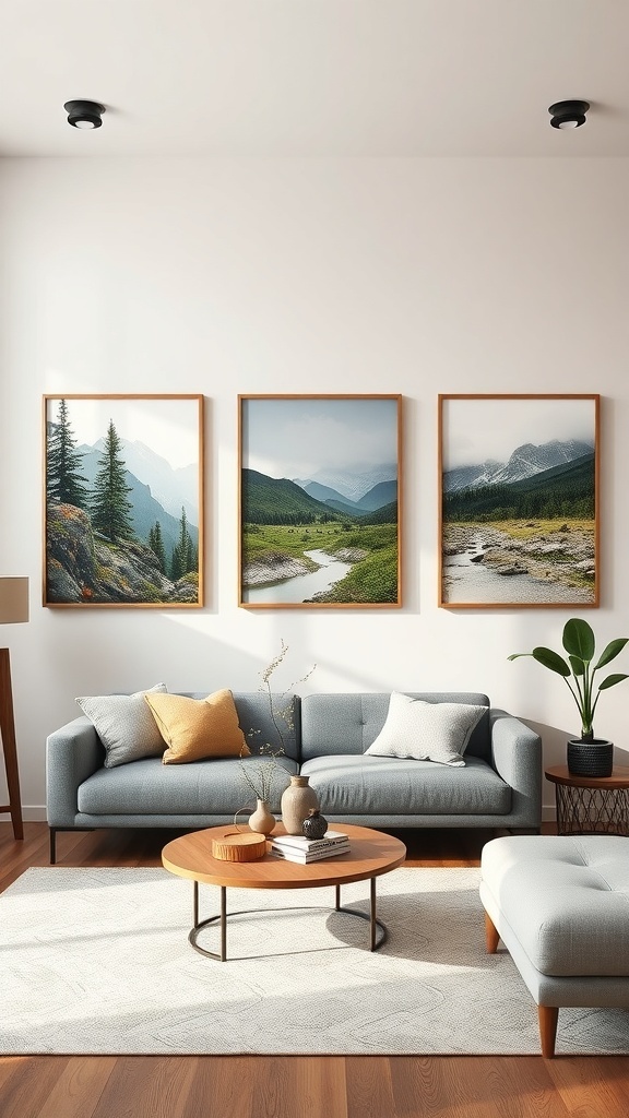 Living room with nature-inspired wall art featuring framed landscapes.