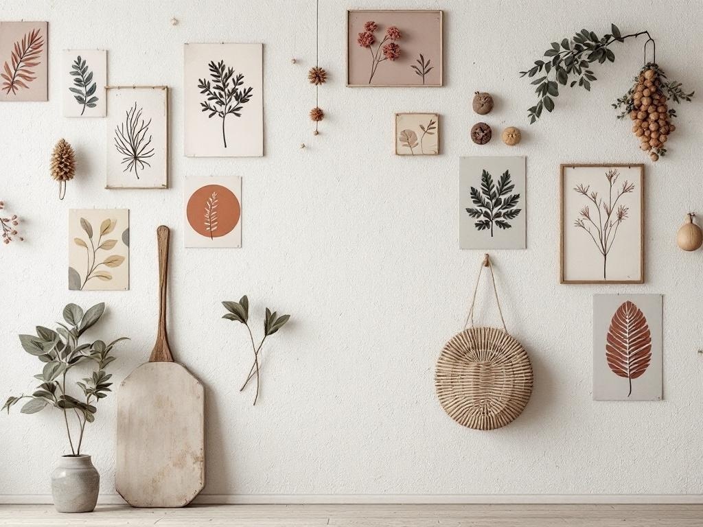 A wall decorated with nature-inspired art featuring botanical prints and natural elements.