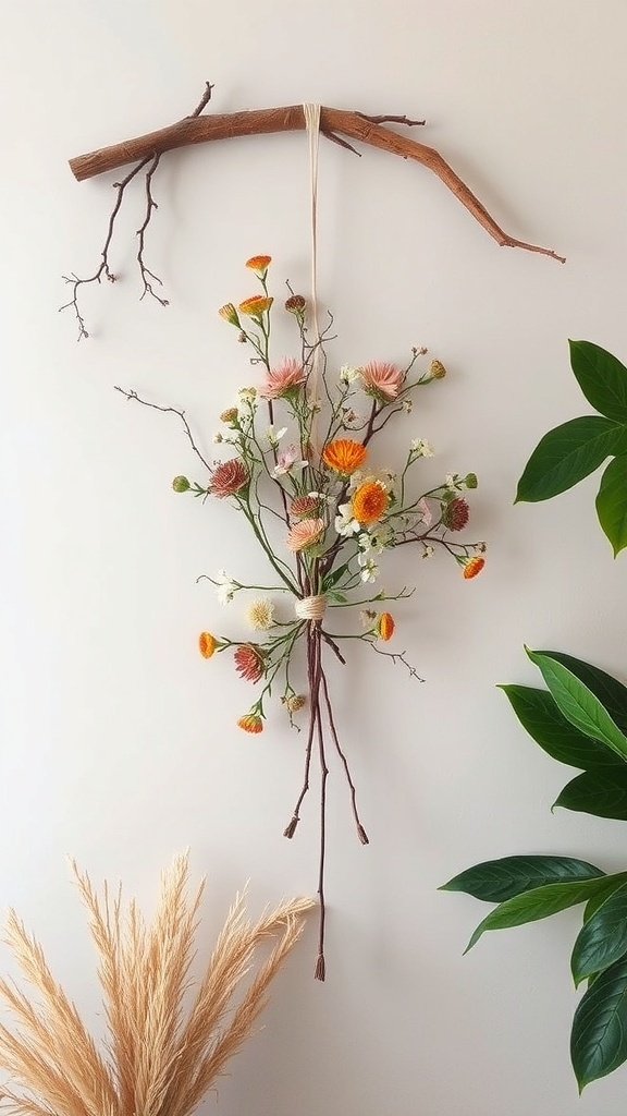 A rustic wall hanging made from a branch and dried flowers, featuring the word 'Howl'.