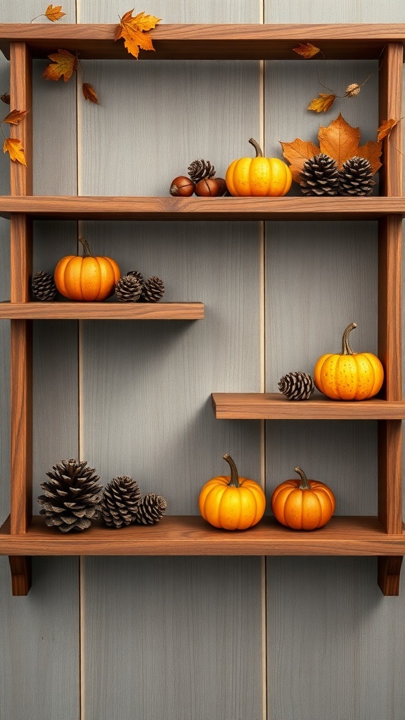 Wooden wall shelves decorated with pumpkins, pinecones, and autumn leaves.