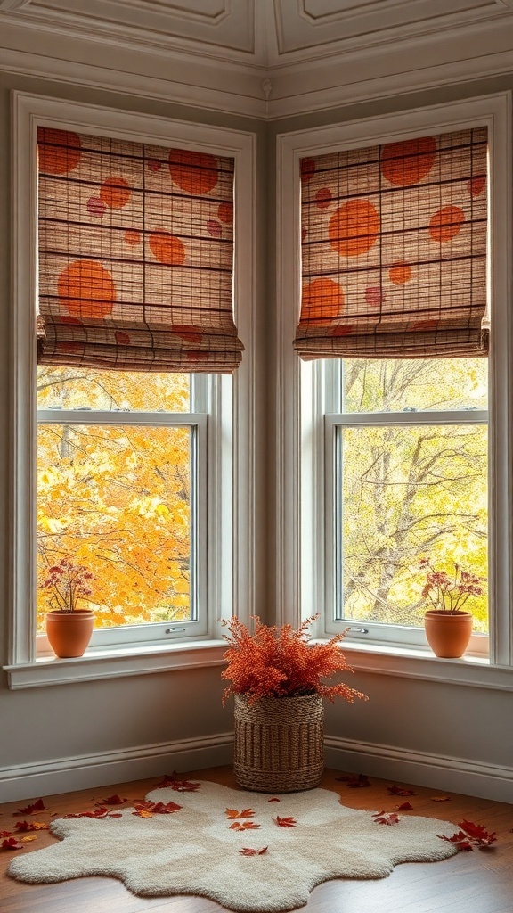 Cozy window treatments with warm colors and natural textures, showcasing fall leaves outside.