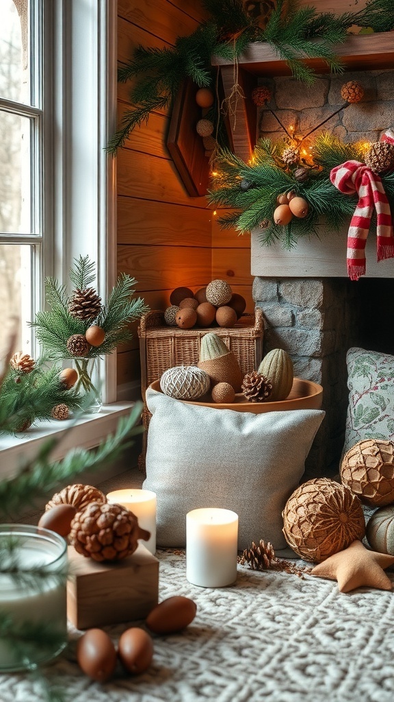 A cozy winter decor scene with pinecones, candles, and natural elements.