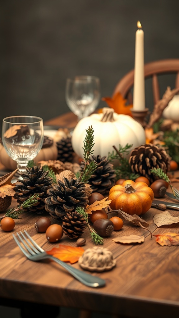 Thanksgiving table with pine cones, pumpkins, and autumn leaves